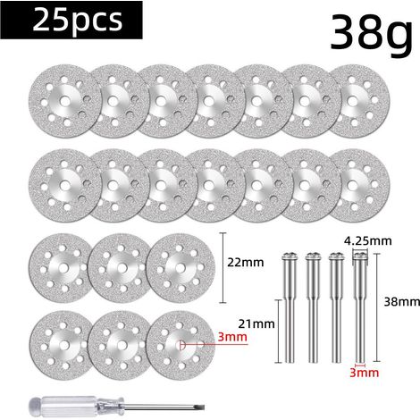 25PCS 22mm Mini Disque Diamant à Tronçonner, Disques de Coupe pour Dremel, HSS en Résine Lame Scie Circulaire avec 4 Mandrins SC et 1 Tournevis pour Couper Bois, Métal, Plastique, Pierre