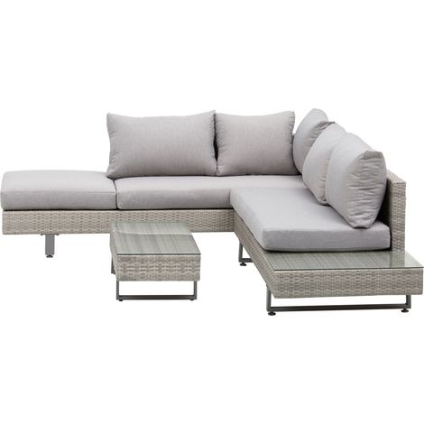 Salon de jardin extérieur d'angle 5 places design contemporain coussins déhoussables table basse acier époxy résine tressée grise