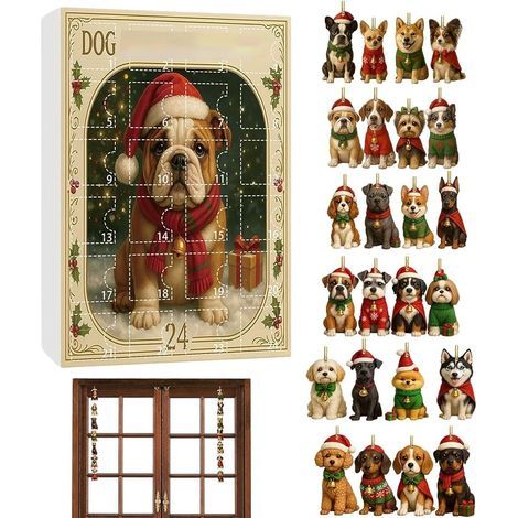 Calendrier de l'Avent2026 avec chien, compte à rebours de Noël de 24 jours, décorations de sapin de Noël en acrylique 2D pour adultes, décoration pour fenêtre, mur, porte (1/5)