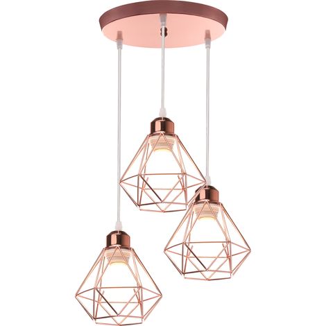 Rétro Vintage Suspension Lustre Industrielle Cage en Métal Fer Luminaire en Barre 3 Lumières Doré Rose (1/4)
