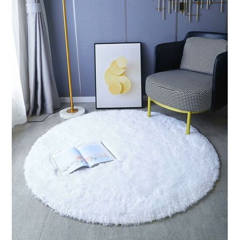 Tapis Rond, à Poils Longs, 120cm X 120cm, Moderne, pour Salon, Chambre à Coucher, Salle à Manger ou Chambre d'enfant, Tapis de Sol Shaggy Confortable Moquette Anti-dérapage, Blanc 120cm X 120cm (1/4)
