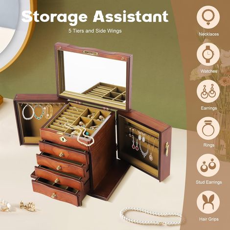 Grande Boîte à Bijoux Verrouillable en Bois - 5 Couches avec Miroir et Tiroir - Armoire à Bijoux (1/5)
