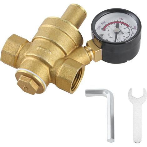 DN15 1/2 Inch Brass Water Pressure Regulator Adjustable Water Pressure Reducing Valve with Pressure Gauge and Wrench (1/5)