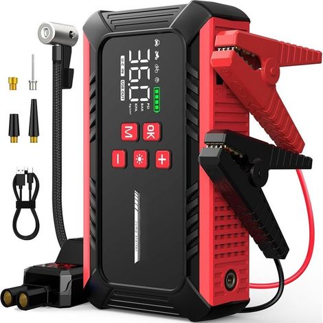Booster Batterie Voiture 6000A,Demarreur Batterie Voiture,12V Démarreur de Voiture(8.0L Diesel/10.0L Gaz),Jump Starter Portable avec Compresseur Voiture, lumière LED,Pince Intelligente avec Écran (1/5)