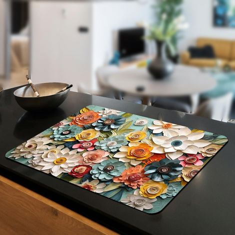 Tapis d'égouttage 3D pour plans de travail de cuisine, tapis d'égouttage floral jaune, tapis à couverts floral pour le printemps/été, tapis d'égouttage absorbant en microfibre, 40,64 x 50,80 cm (coule