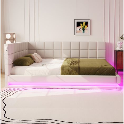 Sofá cama 160x200 con LED y USB de lino beige OKMYHOME (1/5)