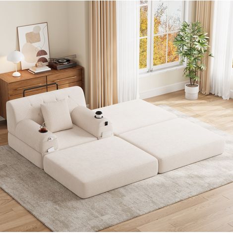 Schlafsofa 107x162x81 cm, mit Schlaffunktion, hoher Rückenlehne, Cordbezug, Beige (1/5)