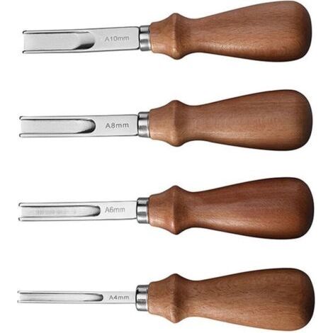 4PCS Couteau à Parer en Cuir, Outil de Maroquinerie avec Manche en Bois 4mm, 6mm, 8mm, 10mm Outils pour Parer les Bords du Cuir pour le Travail du Cuir pour Biseauter Couper Découper et Marquag (1/4)