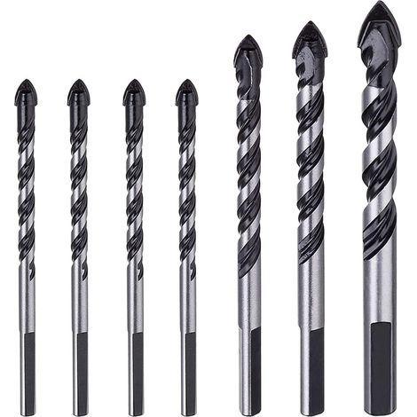 Lot de 7 forets de maçonnerie en carbure de tungstène pour porcelaine, carrelage, béton, mur de brique, verre, miroirs, plastique, maçonnerie et bois (6, 6, 6, 6, 8, 10, 12 mm) (1/5)