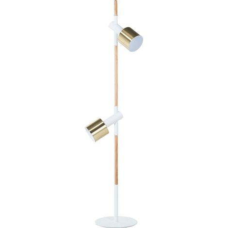 Lampadaire E27 Max 40W Bois de Frêne Clair et Blanc et Métal 2 Lampes Spots Owens