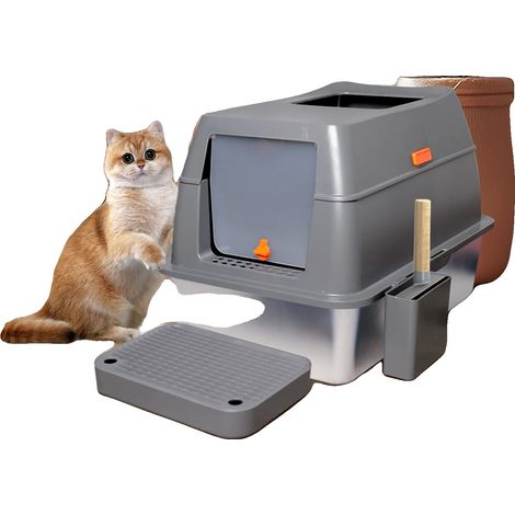 Bac à litière pour chat, très grand, gris et argent, facile à nettoyer, Gris et Argent, XL (1/2)