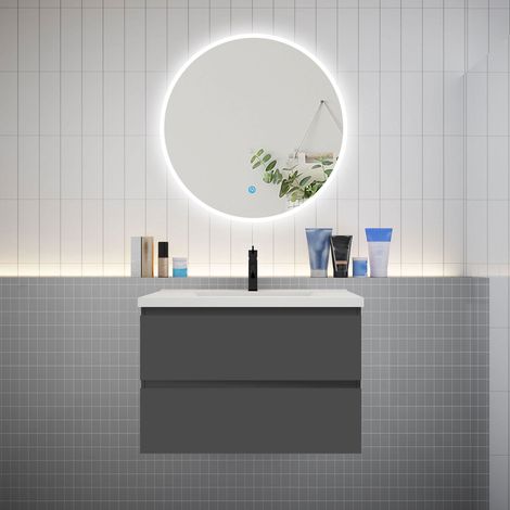 Ensemble meuble vasque L.79cm 2 tiroirs + lavabo + LED miroir rond 80cm,anthracite
