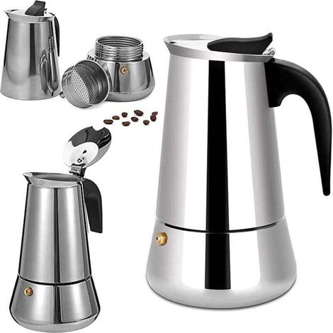XU Italienische Espressokanne aus Edelstahl, 6 Tassen, für alle Herdarten geeignet, 300 ml - Crezuo