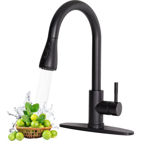 Schwarze Küchenarmatur, Einhebel-Küchenarmatur in Mattschwarz mit ausziehbarem Brausekopf, Edelstahlkonstruktion, geeignet für 1- oder 3-Loch-Spülbecken, einfach zu installieren, geeignet für Bauernhö