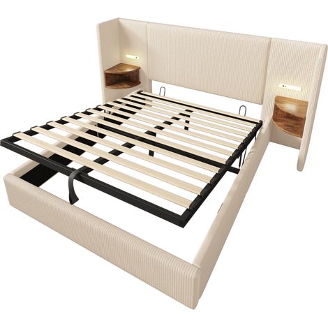 Cama canapé 160x200 con mesita, lámpara de lectura y carga USB-C, beige, tela (1/5)