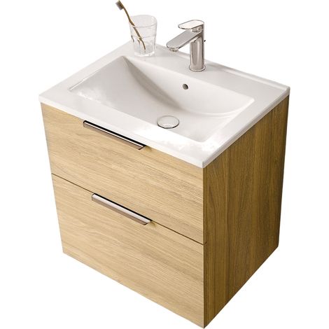 BERNSTEIN - Mueble de baño beige 60x46x62cm (LxAnxAl) 2 cajones, Tiradores negro mate - TIM60 Roble gris niebla, Negro mate (1/5)