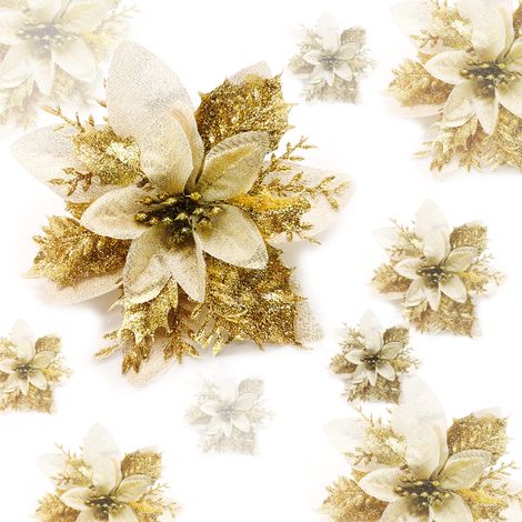 Lot de 24 fleurs de Noël scintillantes avec pinces - Fleurs artificielles à paillettes - Fleurs de Noël - Mariage - Arbre de Noël - Couronne de porte de Noël - Ornements (or) (1/5)