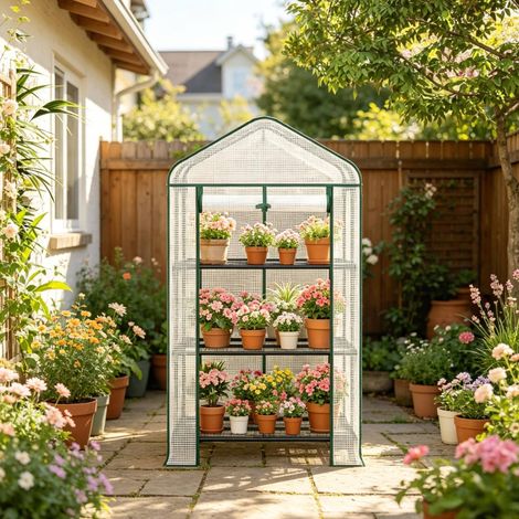 Serre de jardin compacte 70 x 50 x 130 cm avec 3 étagères, porte enroulable, blanche HAVRYA (1/4)