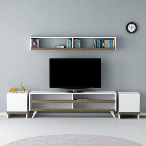 Conjunto mueble TV GAMZE 120 cm blanco y nogal (1/4)