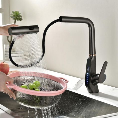 Robinet de Cuisine Extractible, 3 Modes de Débit D'eau, Cascade, Affichage Numérique LED, Pivotant à 360° Mitigeur Cuisine Robinet, Mitigeur Cuisine à Poignée Unique, 59A Cuivre(Gun Gray) (1/5)