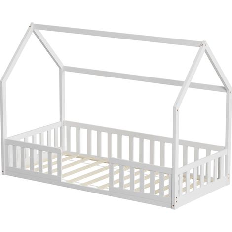 Lit cabane avec barrière 90x190 cm – Structure en pin naturel – Hauteur 140 cm – Sécurité renforcée pour enfants – Minea
