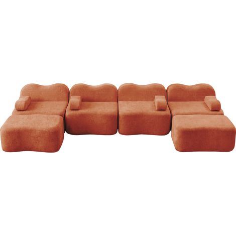 Sofá modular en U de 4 plazas sin reposabrazos en terciopelo naranja con 2 pufs (1/5)