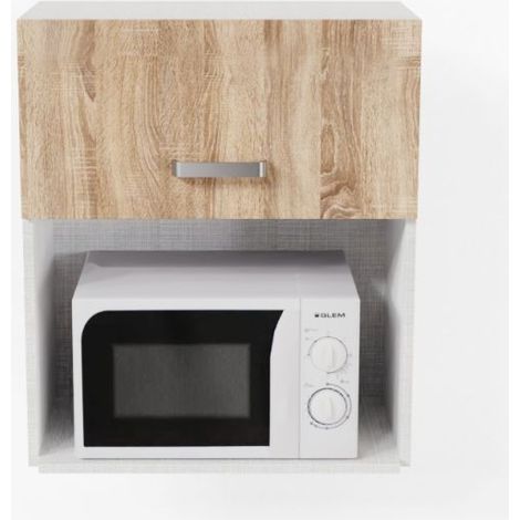 Cuisibane – Meuble micro-ondes 60 cm – Bois chêne structuré – Niche 56 cm largeur – Hauteur 70 cm – Porte relevable avec vérin à gaz