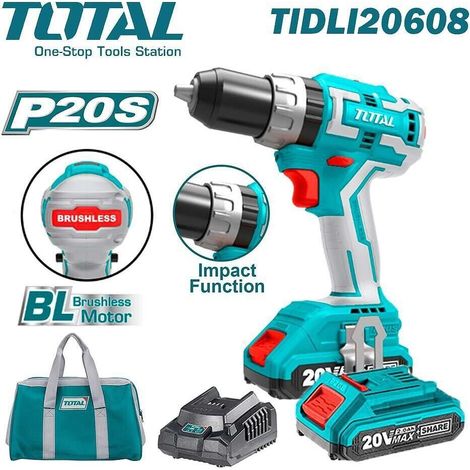 TOTAL TRAPANO AVVITATORE A BATTERIA + 2 BATTERIE 20V 2Ah LITIO RICARICABILI+ACC. (1/5)