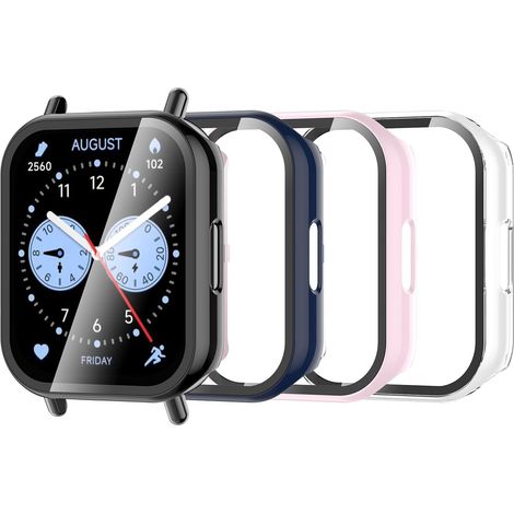 4 Pièces Coque Compatible avec Xiaomi Redmi Watch 5 Lite, Coque Rigide en PC avec Protecteur d'écran, Coque HD avec Verre Trempé - Transparent, Noir,Rose,Bleu (1/5)