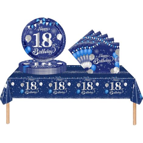 Set de vaisselle de fête pour 18ème anniversaire bleu marine et argenté 37 pièces pour les enfants
