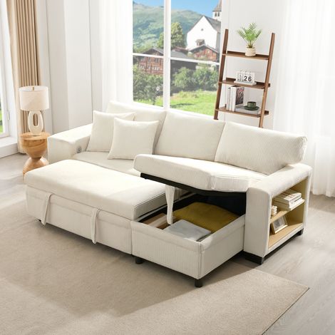 Sofá cama en L 3 plazas con puertos USB, cojines, estanterías laterales, almacenamiento y función cama, beige (1/5)