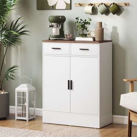 Aparador de cocina con 2 cajones y 2 puertas, mueble de cocina moderno con estante ajustable, aparador tipo buffet para sala de estar, comedor y salón, 68,6 x 35 x 90,3 cm, blanco y marrón. (1/5)