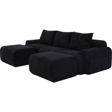 Canapé modulaire en velours côtelé 3 places (avec 2 poufs), combinable librement, avec porte-gobelet et poche de rangement latérale, idéal pour le salon, la salle familiale et d'autres pièces. Noir