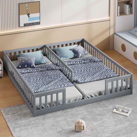 90 X 200 Cm Lit Deux Place avec Barrières de Sécurité Lit D Enfant avec Sommier à Lattes en Bois Cadre de Lit Minimaliste Sans Matelas Gris (1/5)