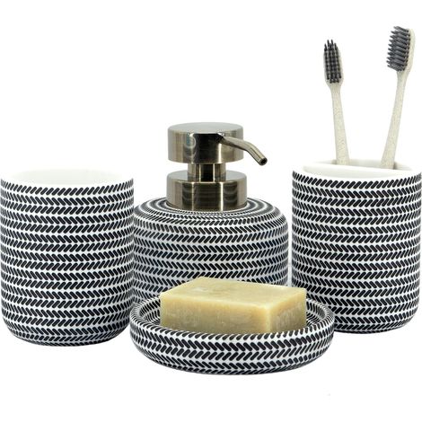 Lot de 4 - Accessoires de salle de bain - Ensemble décoratif - Distributeur de savon et porte-brosse à dents - Pour comptoir de salle de bain - Noir et blanc - Dimensions variées