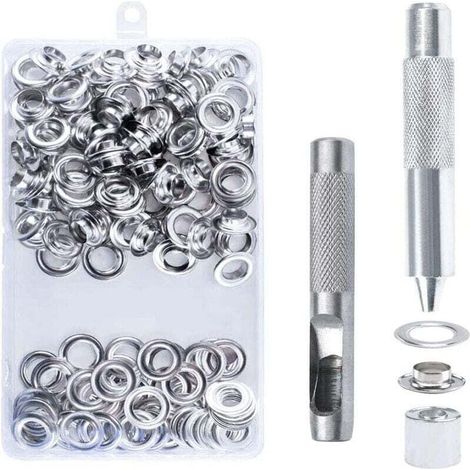 Kit di 100 occhielli, occhielli da 10 mm per teloni, kit di occhielli con set di 3 attrezzi, occhielli per teloni, scarpe, abbigliamento, tende (1/4)