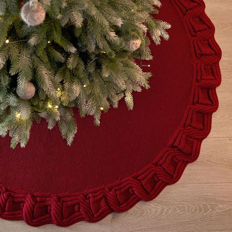 (122)Jupe de sapin de Noël blanche 122 cm Tricot 3D Tapis de sol tissé doux avec pétales à volants Décoration d'hiver élégante pour la maison (1/5)