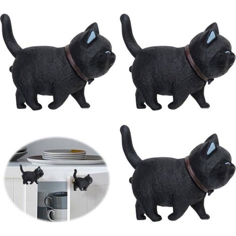 3 Stück schwarze, katzenförmige Möbelknöpfe aus weichem PVC-Gummi, Türgriffe, drehbare schwarze Katzenkopfknöpfe PZCC (1/4)