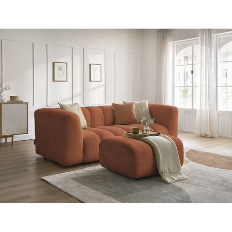 BOBOCHIC - Canapé droit fixe 3 places TALIA tissu bouclette avec pouf Orange (1/5)