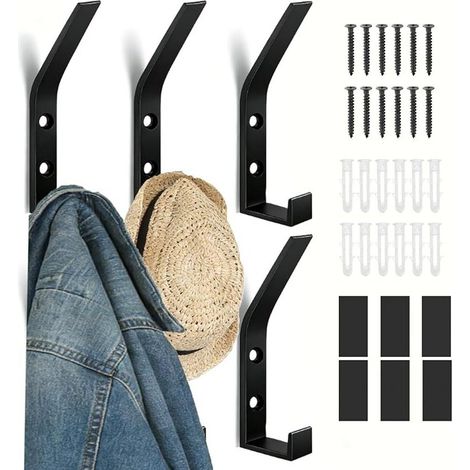 Perchero de pared, 6 ganchos de pared de aleación de aluminio negro con tornillos y tapa, ganchos de pared para abrigos, baño, cocina.