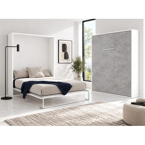 Lit escamotable vertical KOLA Sans matelas Gris ciment-160x200-Cadre Gris ciment-Façade Blanche (1/5)