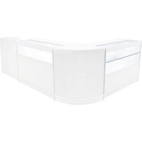 Set Mostradores Comerciales "GRAVITY"   Blanco CM60 + B1200 + C1200 + TB60 MDF y vidrio templado  Estantes y puertas corredizas con cerradura  Fácil Montaje  Mostrador Recepción Expositor Comercial Me