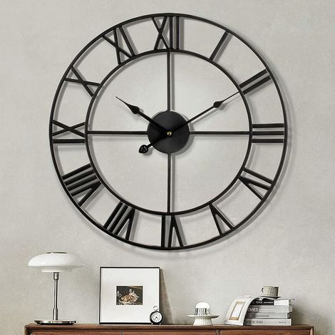 Chiffres Romains Modernes Grandes horloges murales Horloge Murale silencieuse en métal Rond sans tic-tac pour Salon, Cuisine, Chambres, horloges murales Vintage de Jardin, décor Noir 40 cm (1/5)