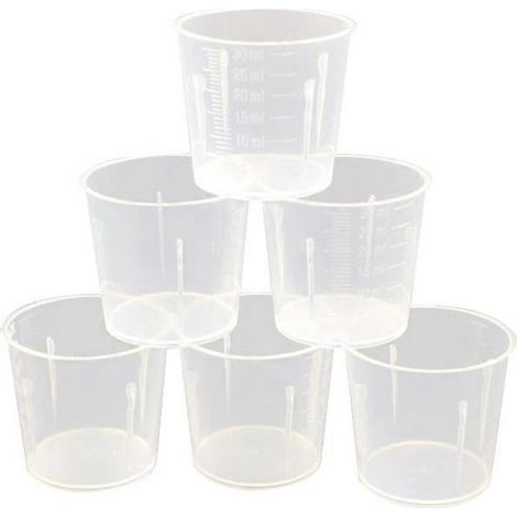 Lot de 50 gobelets doseurs transparents en plastique de 30 ml pour le mélange de peinture, teinture et résine époxy. (1/3)