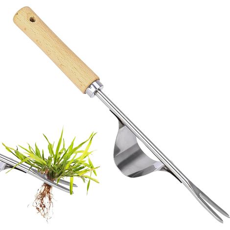 Pala da giardino, tagliaerba manuale, realizzata in acciaio inossidabile con manico in legno. (1/4)