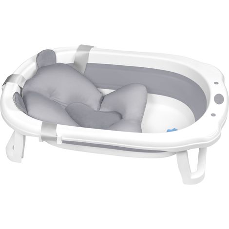 AUFUN Baignoire bébé pliable, baignoire bébé ergonomique avec pieds antidérapants pour bébés et nouveau-nés, avec coussin de siège de bain, baignoire pliante, peu encombrante (Gris + Coussin de bain) (1/5)