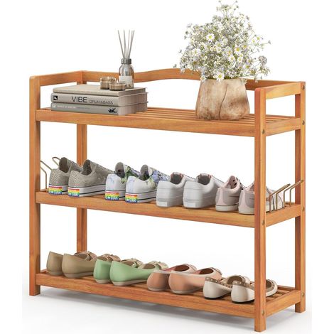 GOPLUS Etagere Chaussure à 3 Niveaux, 74 x 26 x 62 CM, Porte-Chaussures en Bois d'Acacia avec 4 Crochet Métallique Latéraux, Capacité 20 KG par Niveau, Meuble de Rangement pour Entrée, Salon, Chambre (1/5)