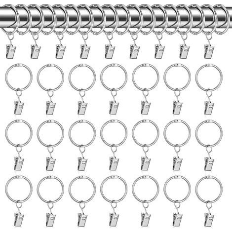 Anneaux pour Rideaux,30 pcs Anneau Rideau avec Pinces,32mm Clips de Rideau Anneaux,Argent Crochet Rideau,Anneaux pour Tringle à Rideaux,Métal Drapé Clip Crochets,Crochet Rideau pour la Bain,Balcon