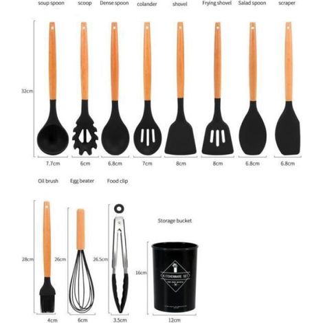 Ustensiles De Cuisine En Silicone - Manche En Bois - 11 Pièces - Noir (1/4)