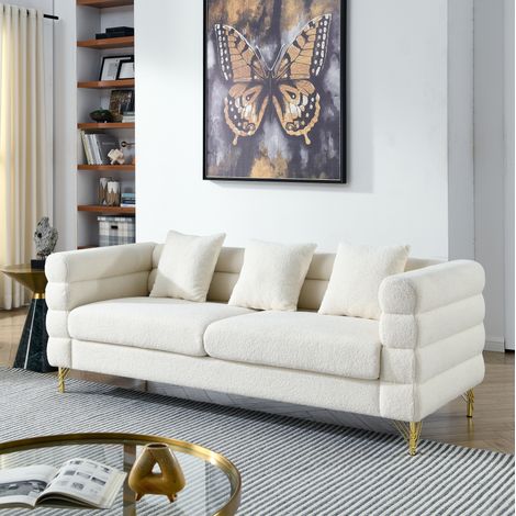 Divano 3 posti in tessuto peluche bianco, design nuvola con cuscini, per soggiorno – MEUBLIV (1/5)